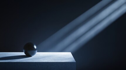 Abstract sculptural form crafted from brushed titanium rests on a minimalist pedestal illuminated by dramatic light beams in a dark studio setting