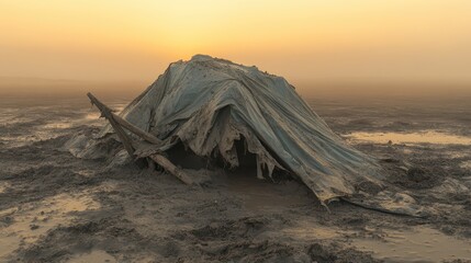 A mud caked emergency shelter tent with tattered fabric stands in a desolate outdoor landscape at dawn