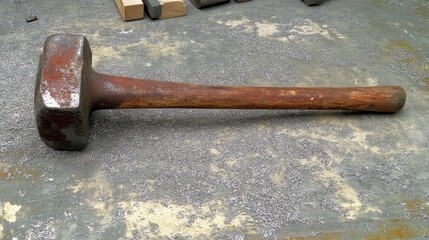 A heavy industrial hammer with a weathered metal head and a wooden handle rests on a textured surface
