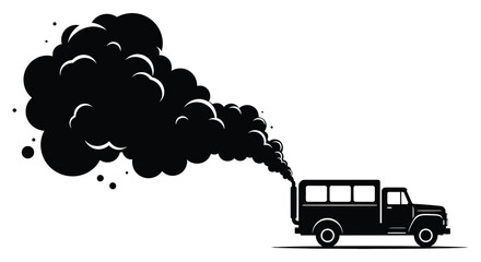 a black vehicle emitting dark smoke plumes depicted in a striking monochromatic style silhouette © nhpvect02
