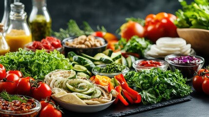 A vibrant food dish featuring regional garnishes on a black slate
