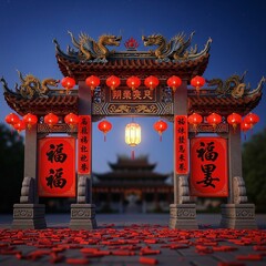 Traditional chinese gate illuminated by lanterns at night symbolic scene