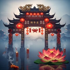 Traditional chinese gate with lanterns and lotus flower on water