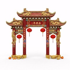 Traditional chinese gate with lanterns isolated on white background