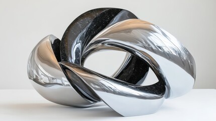 Abstract sculpture of interlocking polished metal and dark stone