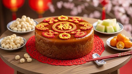Delicious layered cake with fruits and snacks on a wooden table overhead view