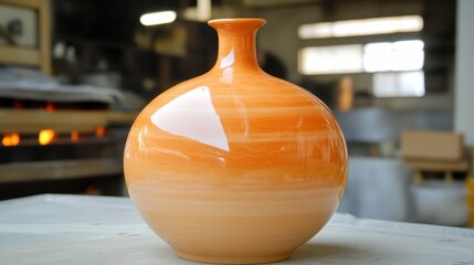 A round orange ceramic vase with a smooth glazed finish sits on a surface