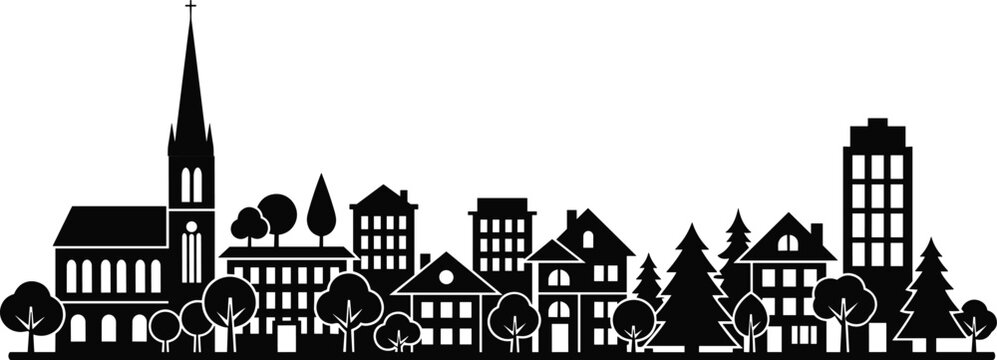 Horizontal black silhouette of a small town skyline featuring a church spire diverse buildings and trees on a white background