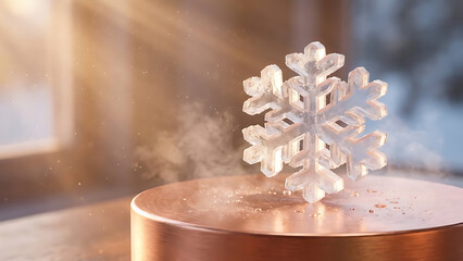 A close-up macro shot features a fuzzy white textile snowflake decoration standing upright on a wet copper or bronze surface emitting gentle steam in warm sunlight.