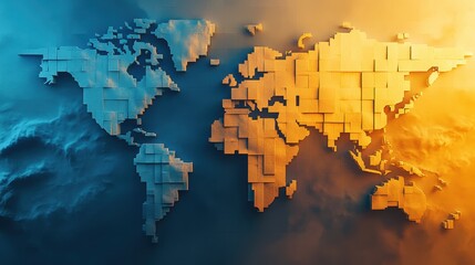 An abstract mosaic world map with interlocking geometric tiles in warm and cool lighting