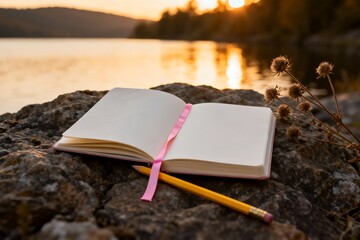 Generative AI Serene Sunset Scene with Open Notebook and Pen on Rocky Shore