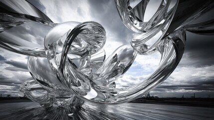An abstract metallic sculpture with twisted chrome forms reflecting the sky and landscape