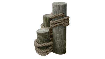 Three weathered wooden posts are tightly bound by thick, interwoven ropes on a transparent field.