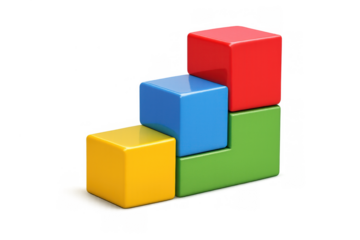 Colorful 3d cubes constructing a bar chart, illustrating stages of progress and growth. Transparent background