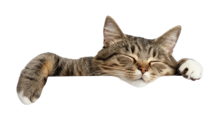 Contented tabby cat sleeps peacefully resting its head and paws, expressing tranquility and comfort.