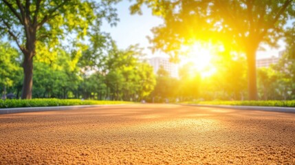 Bright sunlight shines through green trees in a park with a worn smooth path in the foreground