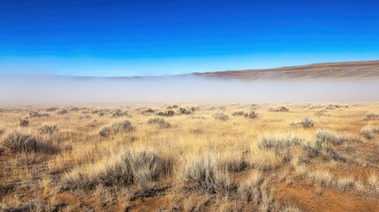 A vast dry landscape under a bright blue sky with a low lying bank of fog over the horizon and sparse scrub vegetation in the foreground