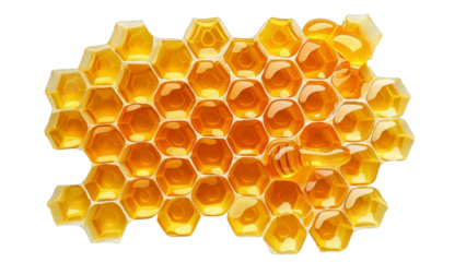 Golden honeycomb with honey glistens, showcasing hexagonal cells filled with dripping sweetness
