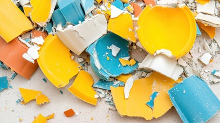 Brightly colored shards of broken industrial plastic containers scattered across a textured surface