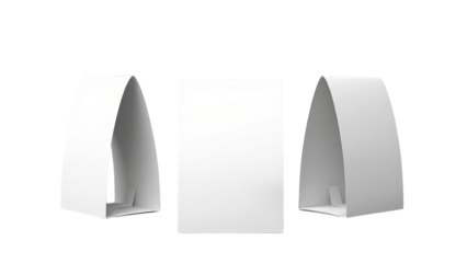 Three white cardboard displays stand against a black background in a minimalist, clean presentation.