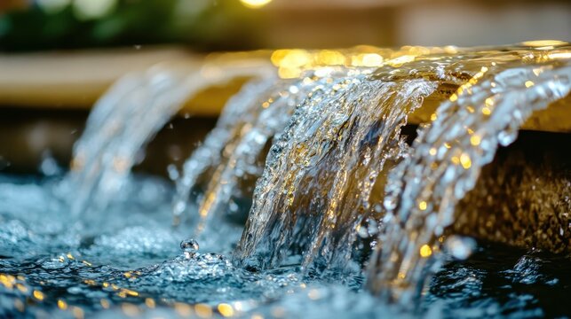 Clear water cascading in a flowing stream over a textured surface with blurred golden light in the background