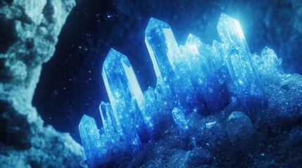 Bright blue crystalline structures shimmering with radiant light and abstract geometric patterns on a dark background