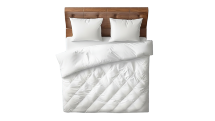Clean top-down image shows an inviting bed with white bedding and pillows on a transparent area.