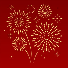 Set of holiday golden firework explosion isolated on red background. Chinese New Year celebration. Traditional festival or event. Vector illustration