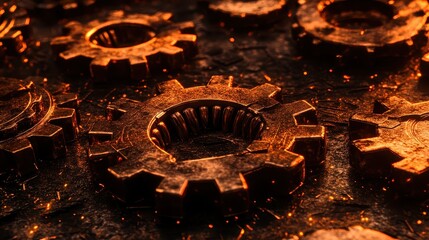 Close up of tarnished bronze gears with some missing teeth and glowing embers scattered around them