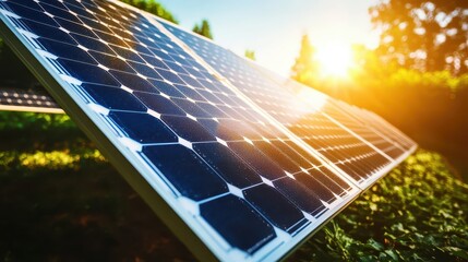 Close up view of a solar panel array bathed in bright sunlight with a clear blue sky in the background
