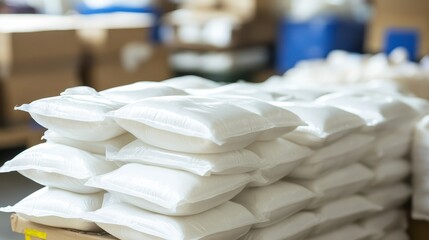 Bulk containers of white water purification tablets stacked in a warehouse storage facility for emergency supply