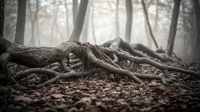 Ancient gnarled tree roots tangled together on the forest floor covered in fallen leaves and shrouded in mist