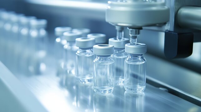 Automated pharmaceutical production line precisely filling small glass vials with clear liquid medicine in a sterile manufacturing facility