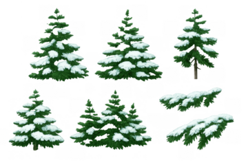 Snow-covered fir trees and branches set for winter forest scene, isolated elements with transparent background