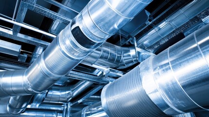 Complex network of industrial ventilation ductwork system made of metal pipes forming part of a building infrastructure