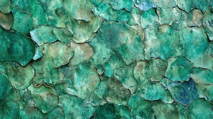 Close up view of a textured green surface with irregular fragmented segments displaying a weathered patina and chipped details