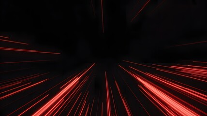A minimalist abstract photograph featuring vibrant red light streaks radiating from the center against a dark background creating a sense of dynamic energy and motion