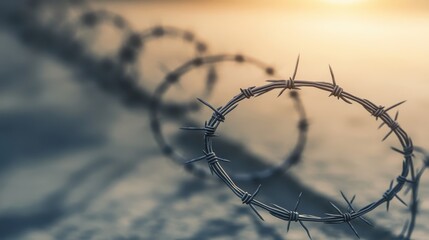Close up of barbed wire in front of blurred grey background
