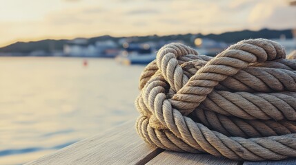 Coiled nautical rope lying on a wooden surface near the water