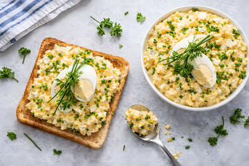 Creamy egg salad on toast and in a bowl garnished with chives showcasing homemade comfort food lunch and brunch idea