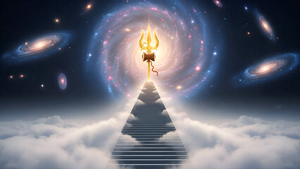 Maha shivaratri divine cosmic path with trishul rising above clouds galaxy sky and spiritual energy symbolizing hindu devotion meditation culture and faith