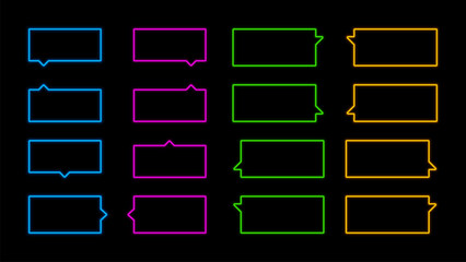 Set of 16 neon led tooltips or speech balloons. Glowing vector speech bubbles, dialogue balloons or word balloons. Can be used in comics and as tips or notifications on sites.