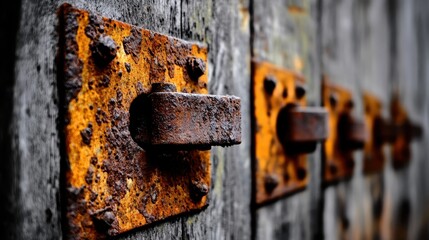 Close up of heavily rusted metal hinges attached to weathered wooden planks showing aged texture and corrosion