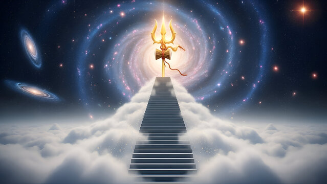 Maha shivaratri divine cosmic path with trishul rising above clouds galaxy sky and spiritual energy symbolizing hindu devotion meditation culture and faith