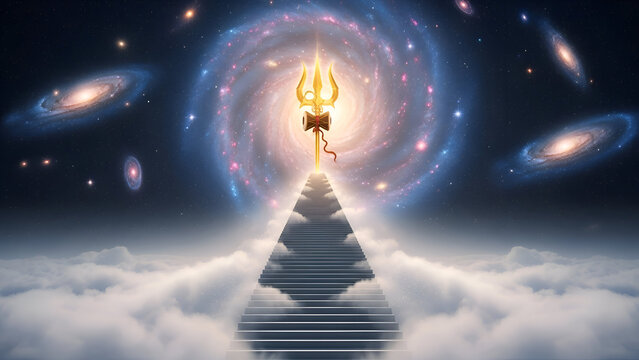 Maha shivaratri divine cosmic path with trishul rising above clouds galaxy sky and spiritual energy symbolizing hindu devotion meditation culture and faith
