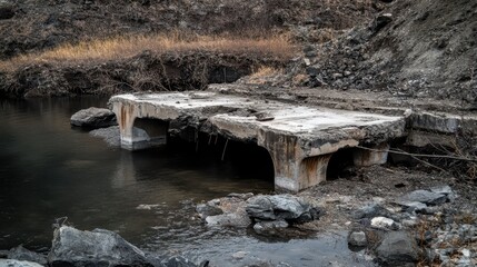 Collapsing Concrete Bridge Structure Partially Submerged in River