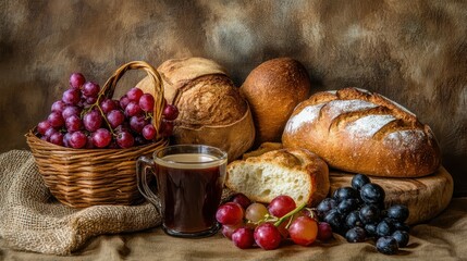 Delicious baked bread with fresh grapes and a cup of coffee