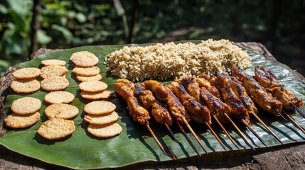 Delicious Indonesian Food Platter with Rice Satay and Crackers