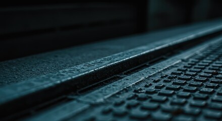 Close-up view of a dark, metallic surface with textured squares