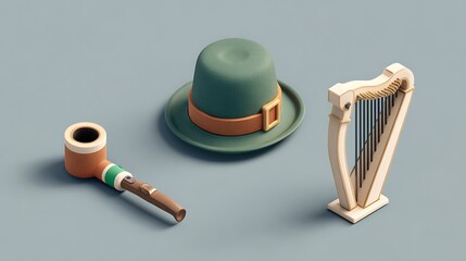 A pixel art arrangement of an irish hat harp and smoking pipe